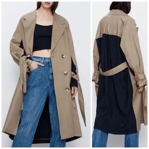 Zara Two-Tone Trench Coat - Tan and Black